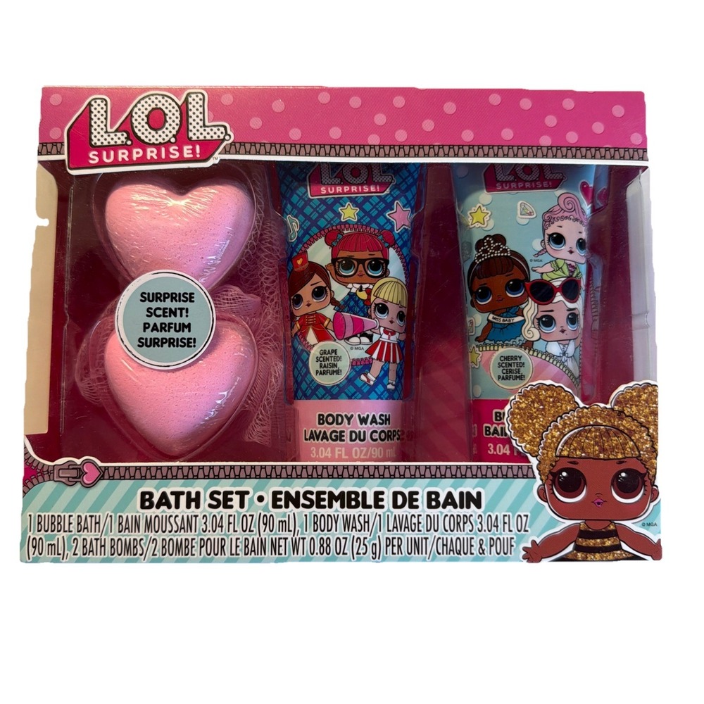 LOL Surprise 5 Piece Kids Bath Bombs, Bath Puff, Bubble Bath, Body Wash Bath Set